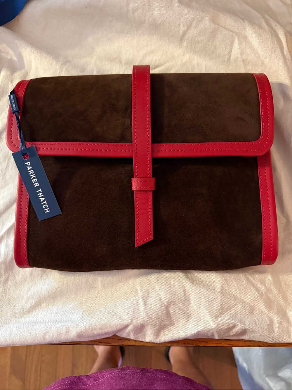 Parker Thatch Brown Suede Clutch with Red Trim